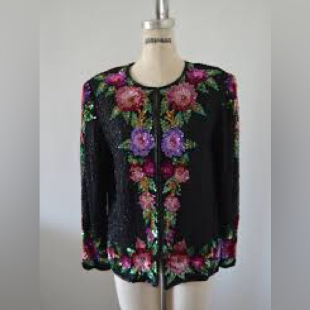 Lawrence Kazar Vintage Silk Floral Sequin Embellished Jacket Large